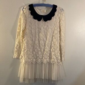 Ivory Lace & Tulle Dress with Navy Peter Pan Collar